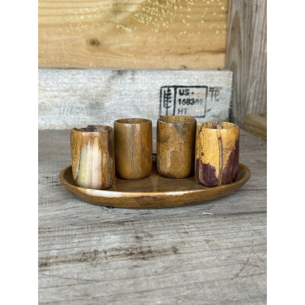 Vintage Unique Onyx Shot Shooter Glasses On Tray Set Of 4 *read Details*